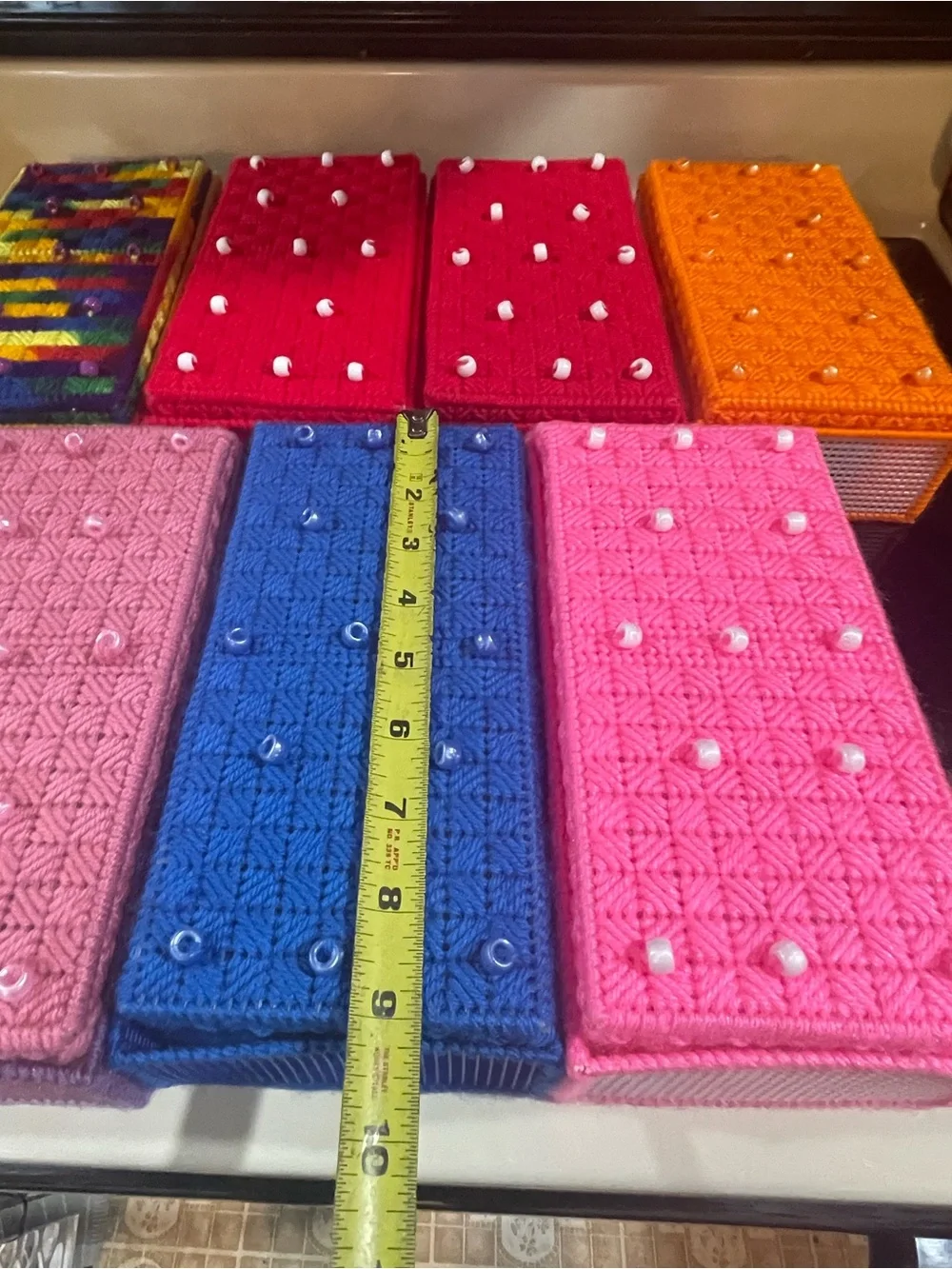 Vintage Hand Knitted Crochet Boxes Lot of 7 Various Size, Colour, Pattern